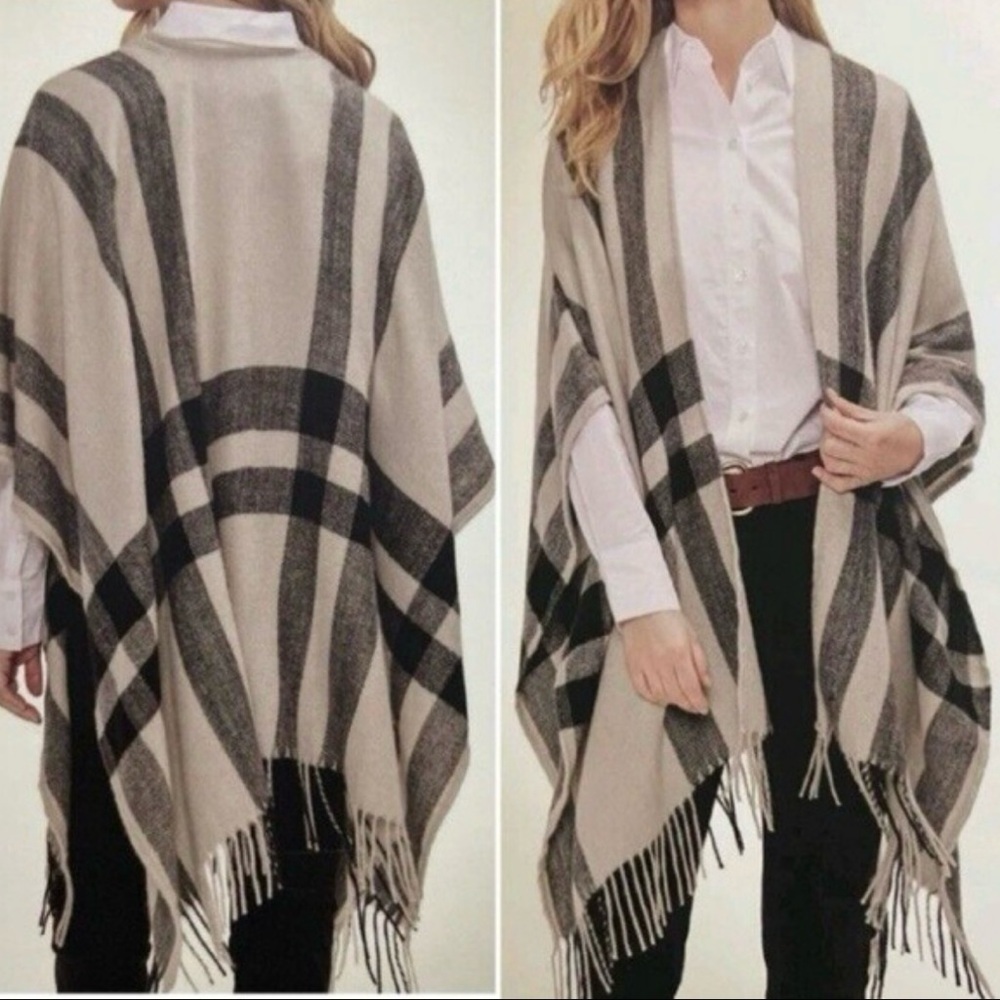 Banana Republic Cashmere Blend Erin Plaid Fringe Sweater Wrap OS/XS S M L XL